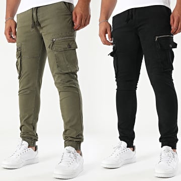 John H - Lot De 2 Pantalons Cargo 01 Noir Vert Kaki